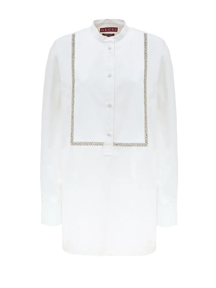 Gucci White Cotton Poplin Blouse with Crystal Decorations